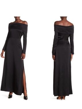 🆕 THEORY Kensington off Shoulder Black Elegant Zipper Cuff Maxi Dress SZ 6